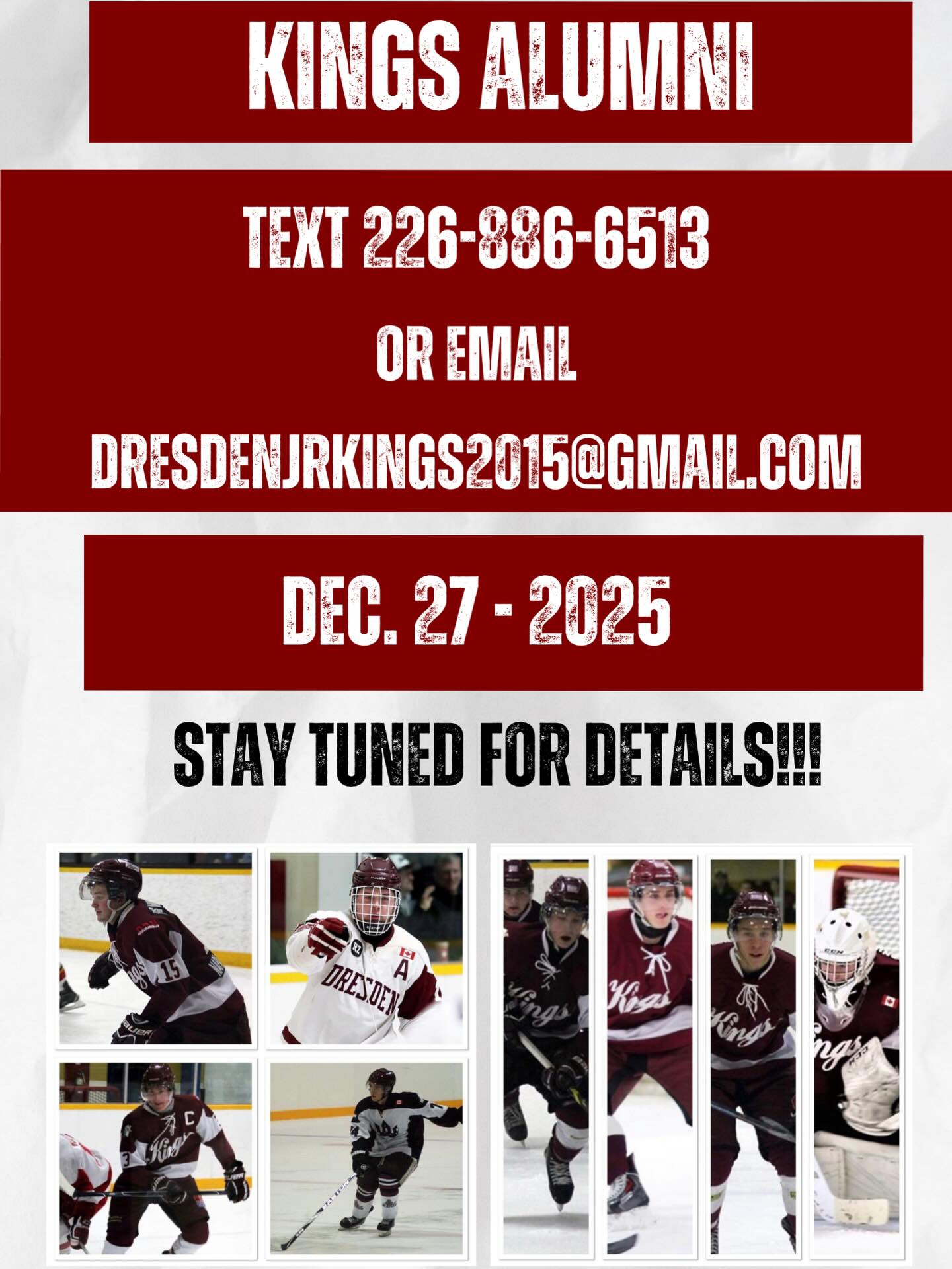 Kings Alumni - we are updating our Alumni records for our upcoming alumni games on Dec. 27. If you are a Kings alumni please text or email us with your phone and email address.