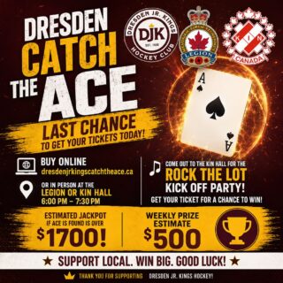 🎟️ Get your tickets for tonight’s draw! 🎟️

Don’t miss your chance to win!

📍 Buy in person until 7:30 PM:
• Dresden Legion
• Dresden Kin Hall

🎉 While you’re there, come check out the Rock the Lot Kick-Off Party at the Kin Hall and grab your tickets!

💻 Online ticket sales close at 7:00 PM.

🕣 Draw takes place at 8:30 PM!

Good luck! 🍀